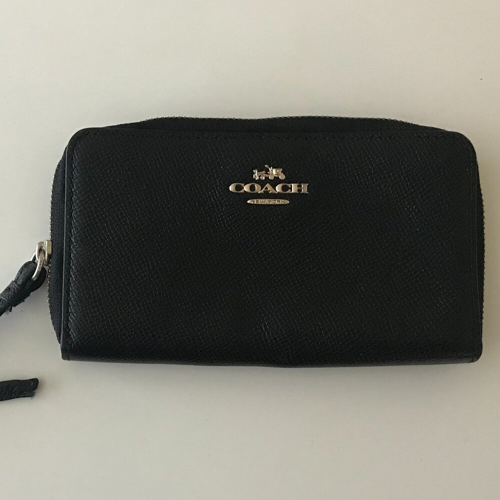 Coach Black Leather Zip Wristlet Wallet